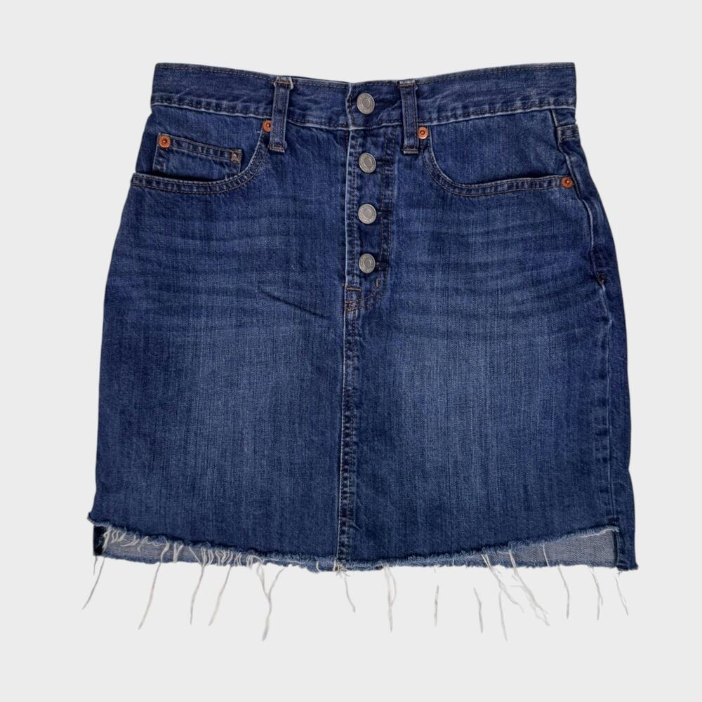 Gap Denim Mini Skirt Womens Blue 26 Button Fly Fray Raw Hem